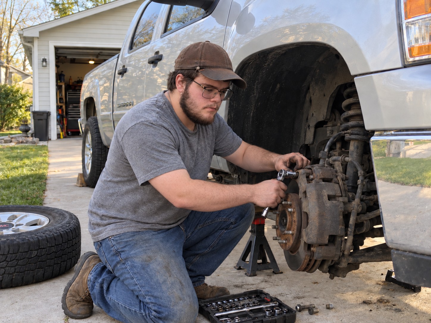 AI-generated illustration of MJ’s mechanic working on a GMC Sierra’s brakes in a driveway